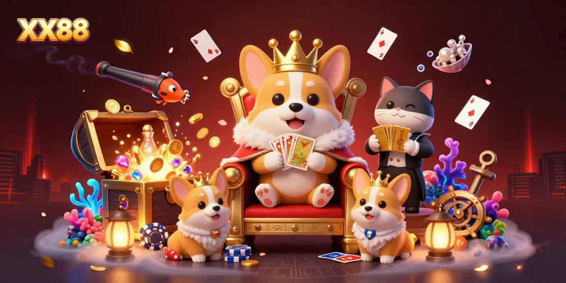 Experience the excitement of XX88 with a royal corgi on a poker chip throne, surrounded by gaming treasures.