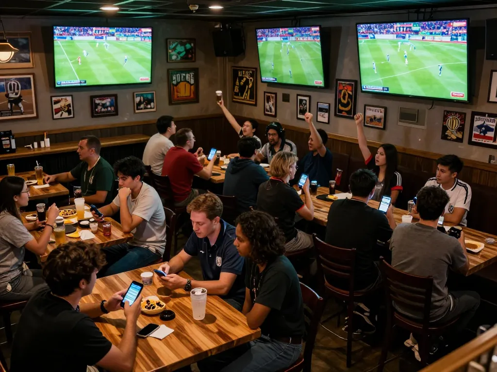 Socolive users actively engaging with live soccer betting apps while enjoying a match in a lively sports bar.