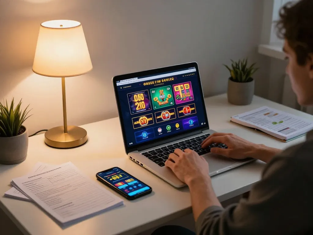 Engaging online gaming scene with a player on ok365 com using a laptop for poker and strategy notes.