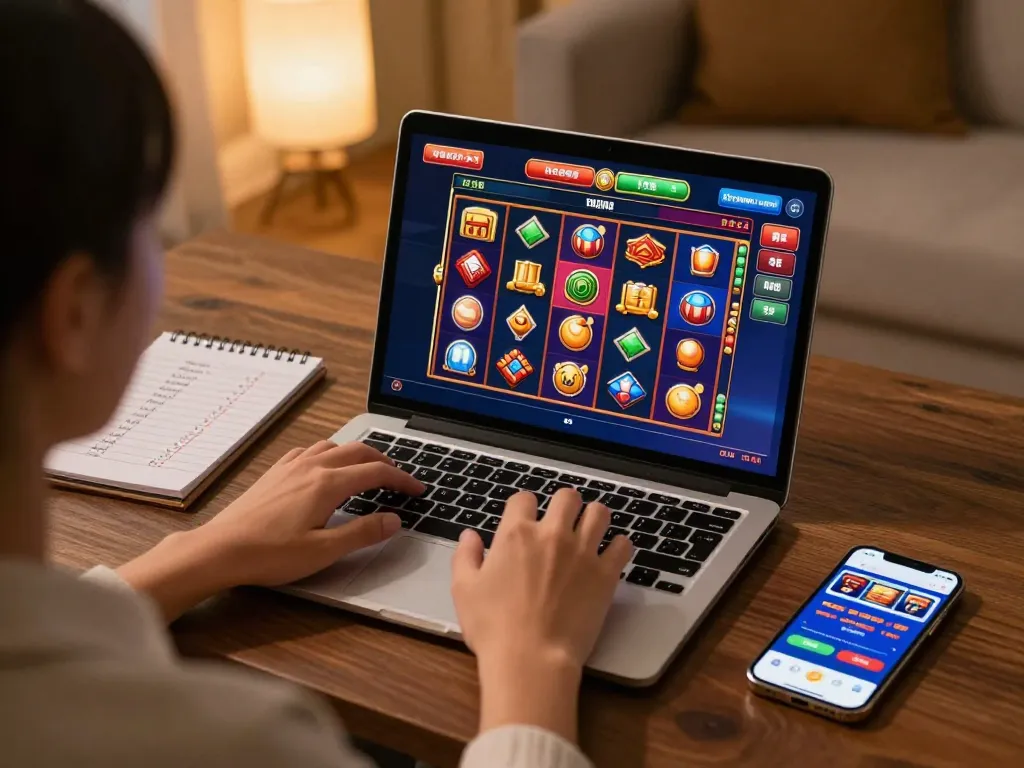 SX88 online casino gaming, showcasing a player engaged with vibrant slot machine on laptop