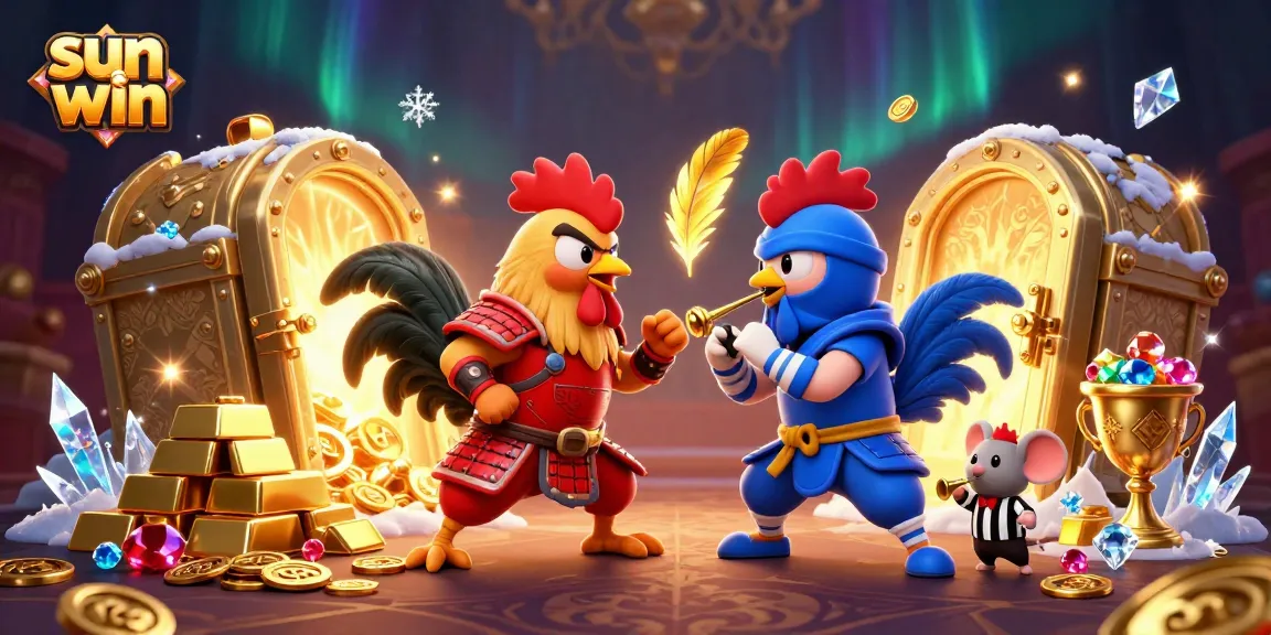 Join the sun win action with fierce roosters and treasures in a vibrant online casino battle.