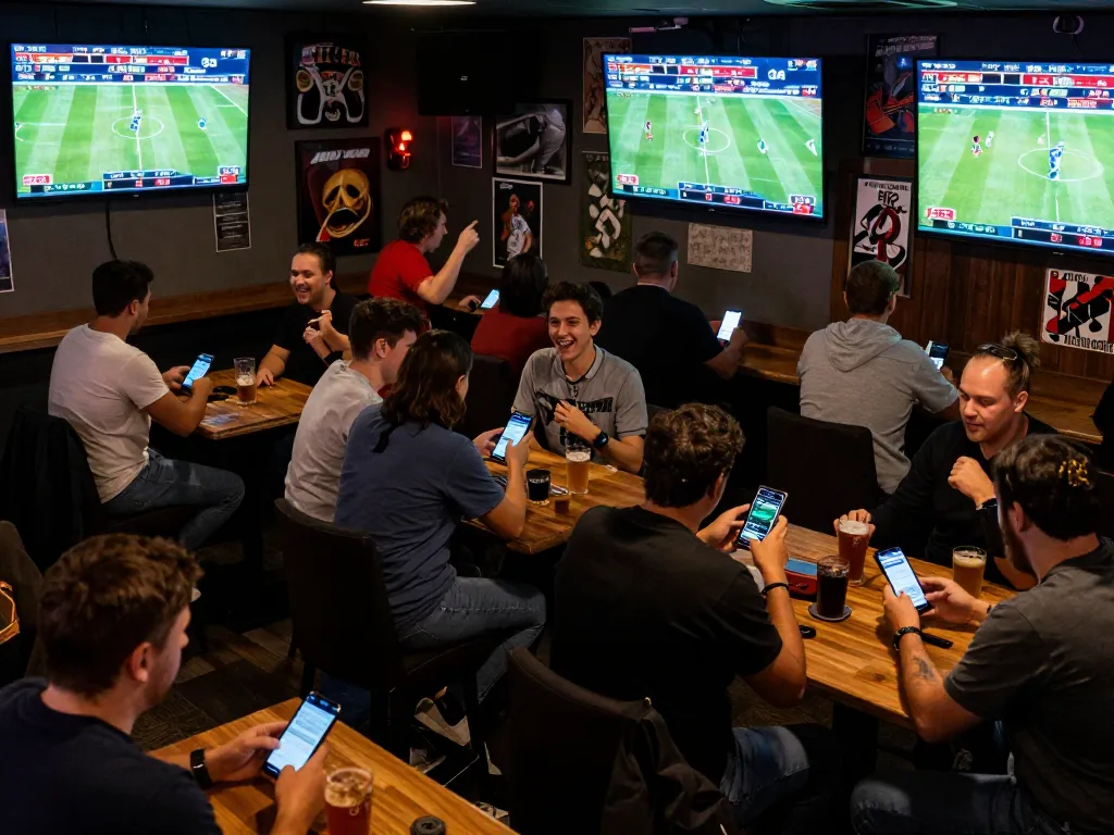 Experience tỷ lệ kèo nhà cái in a lively sports betting bar scene with fans cheering and engaging with their bets.