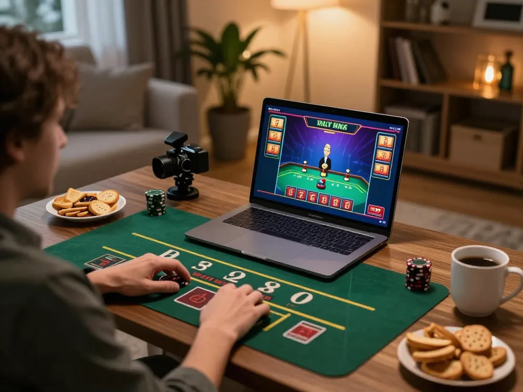Engaging in online blackjack at 13WIN with live dealer on laptop in a cozy home setting