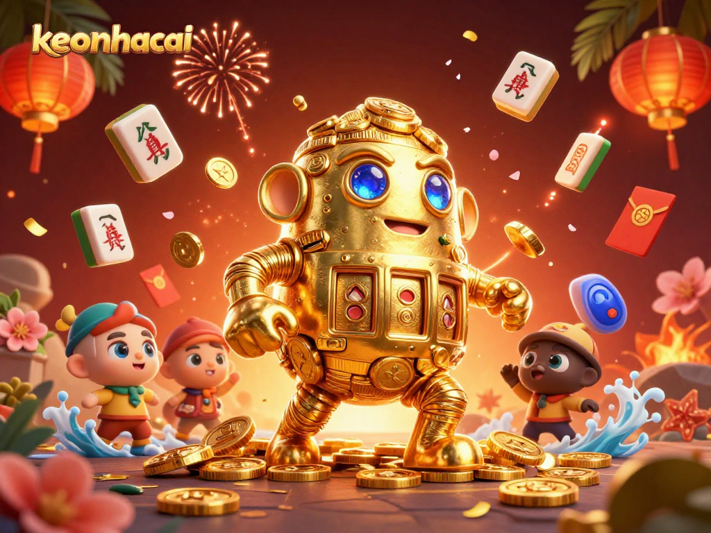 Engage with keonhacai through vibrant casino-themed 3D illustration featuring gold golem and festive elements.