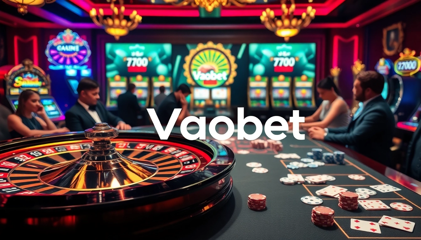 Vaobet players engaged in thrilling casino action at a vibrant gaming table.