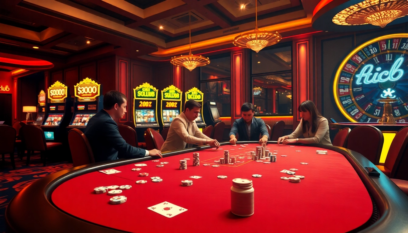 Players enjoying poker at hitclub with casino tables and vibrant slot machines in view.