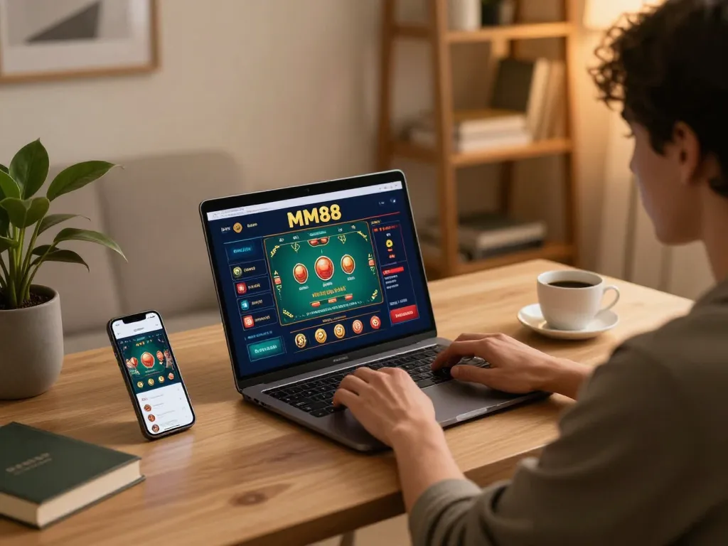 Engaging in online gambling with MM88 on a laptop at home, showcasing a responsible gaming environment