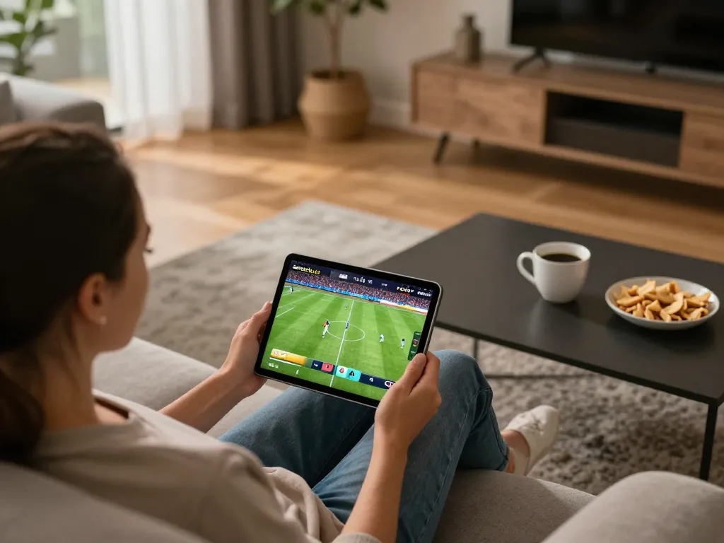 Socolive streaming live sports on a tablet in a cozy home setup, relaxed atmosphere with snacks.