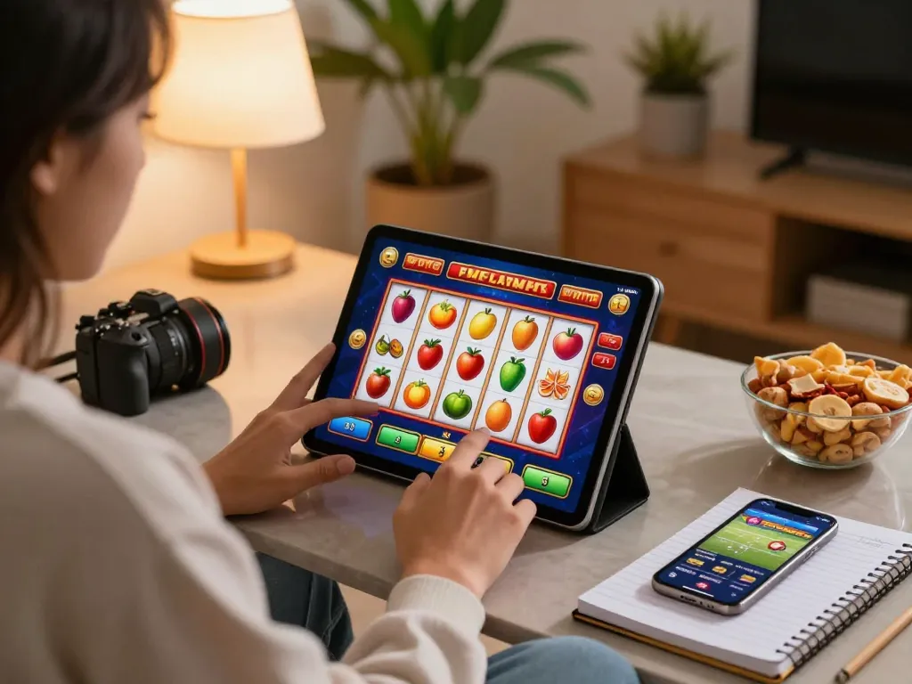 Player enjoying SC88 online slots on a tablet with vibrant gaming interface and cozy home setup.