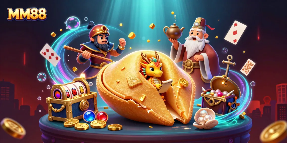 Spin and win with MM88 in this vibrant 3D casino-themed illustration featuring fortune cookie characters.