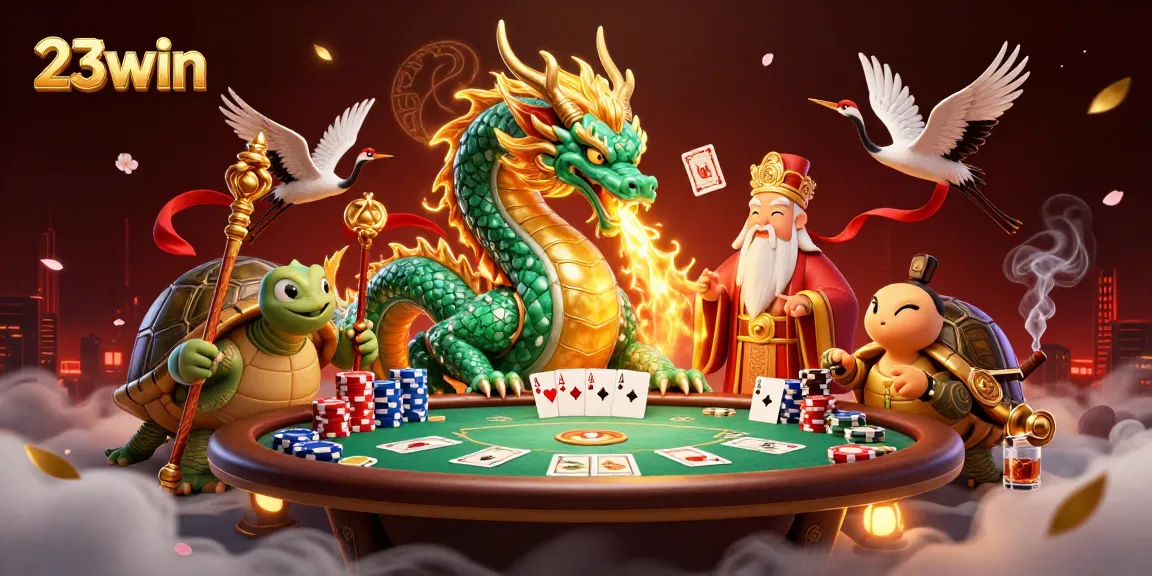Engage with thrilling 23win casino action featuring a vibrant scene with dragon, turtle, and cranes.