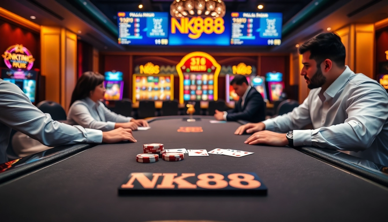 Betting chips and cards on a vibrant NK88 poker table inside a luxurious casino setting.