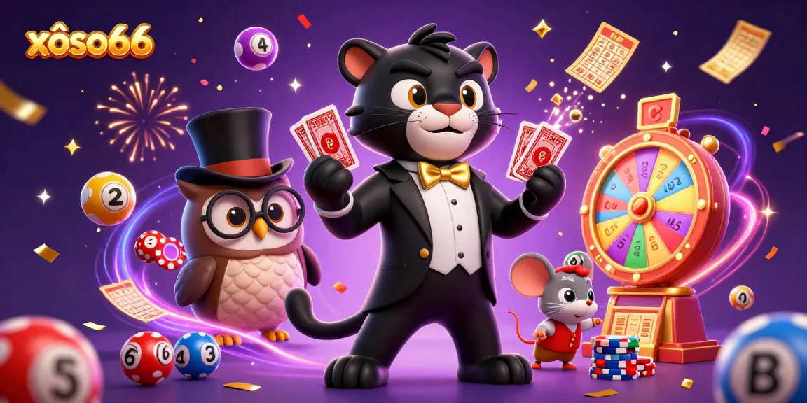 xôso66 - A colorful casino scene with a black panther, owl, and mouse interacting with vibrant game elements.