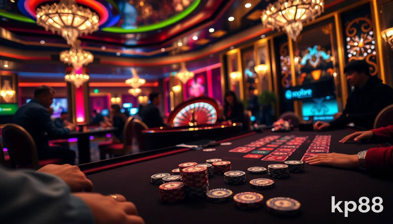 Players engage at a high-stakes poker table with kp88 elements in a lively casino atmosphere.
