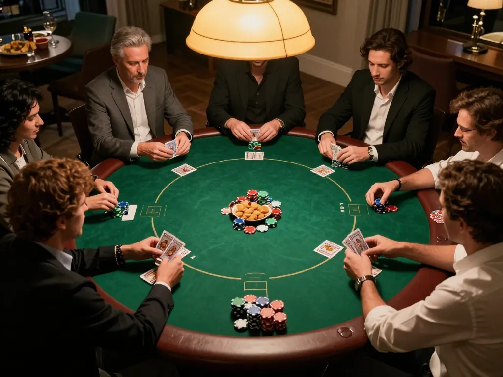 Exciting poker gameplay at home emphasizing nhà cái uy tín with players engaged in strategy and friendly competition