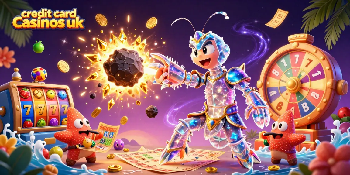 Engage with credit card casinos UK through vibrant 3D illustration of a mantis shrimp and friend navigating a treasure-filled casino.