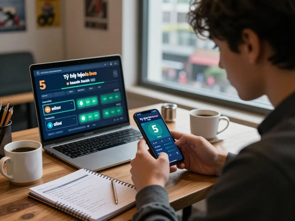 Engaged in sports betting, viewing tỷ lệ kèo nhà cái 5 on smartphone with a strategic focus.