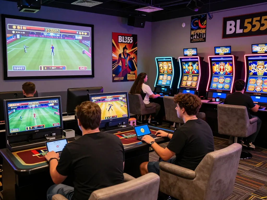 Experience the thrill of BL555 with diverse players enjoying exciting online casino games in a vibrant gaming lounge.