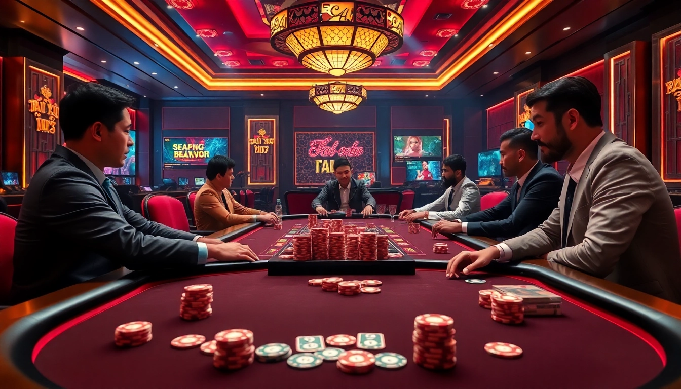 Tài Xỉu MD5 players enjoying a high-stakes game at a luxurious casino table with colorful cards and dice.