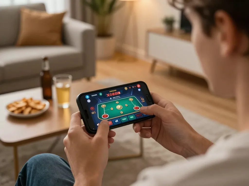 Engaging in online gameplay with the XO88 casino app on smartphone in cozy living room.