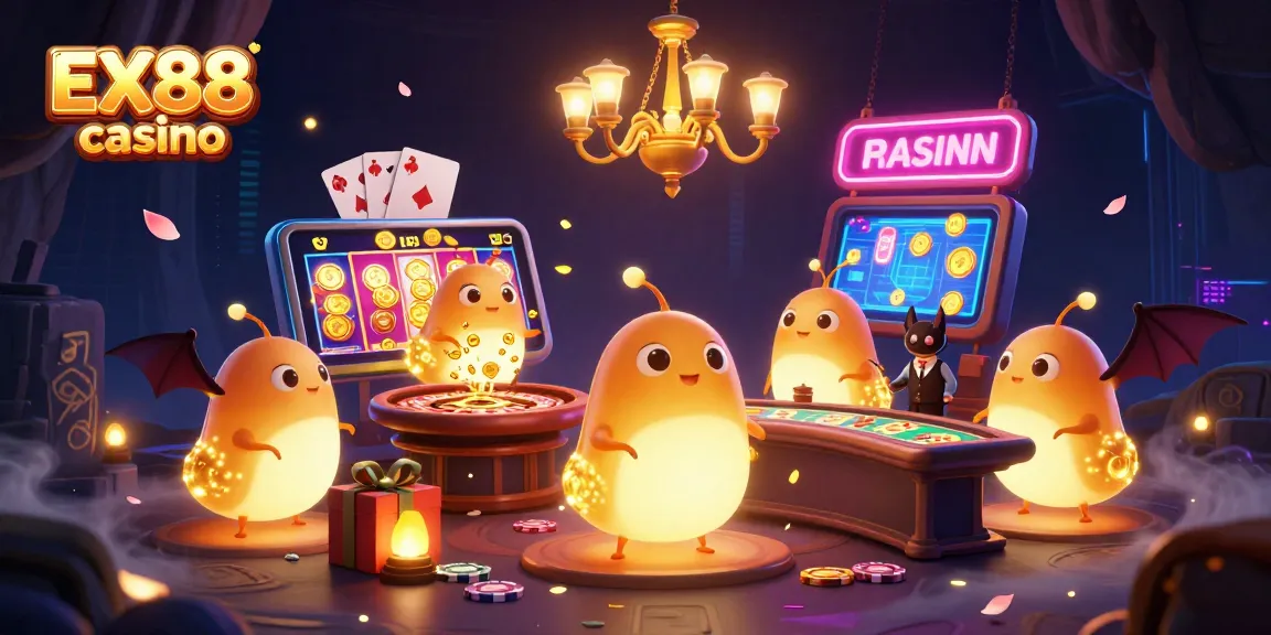 Experience the glow of EX88 casino with animated glowworms illuminating a vibrant casino scene.