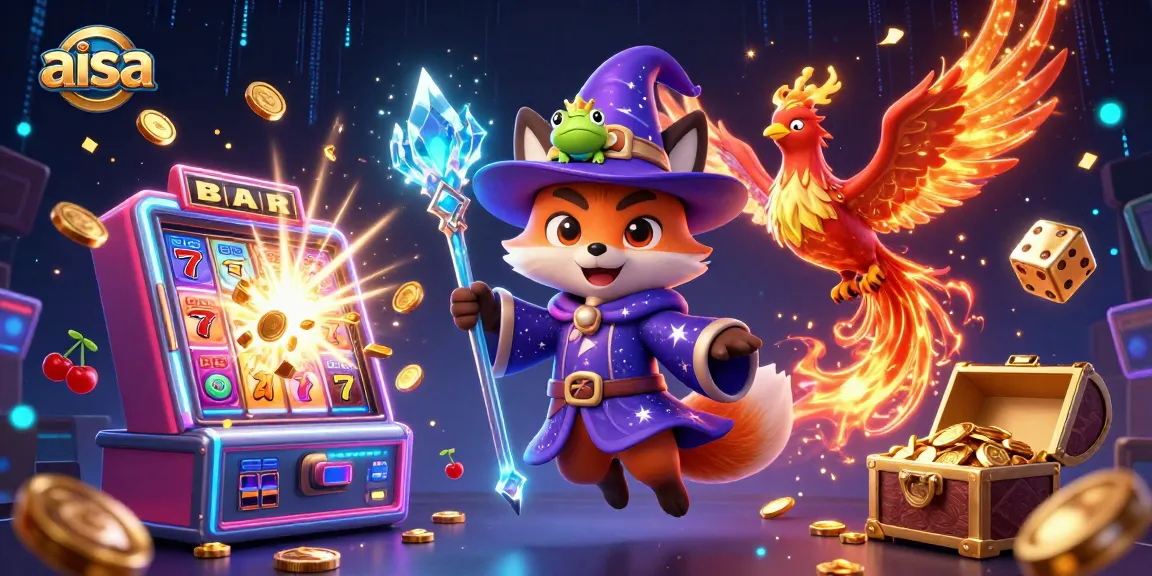 Engage with aisa's dynamic gaming scene featuring a wizard fox and slot machine jackpot.