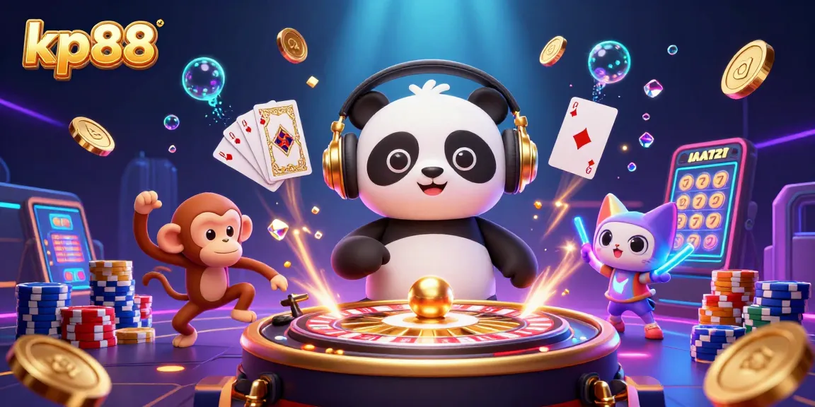 Engage with kp88's vibrant 3D casino scene featuring a DJ panda and a breakdancing monkey.