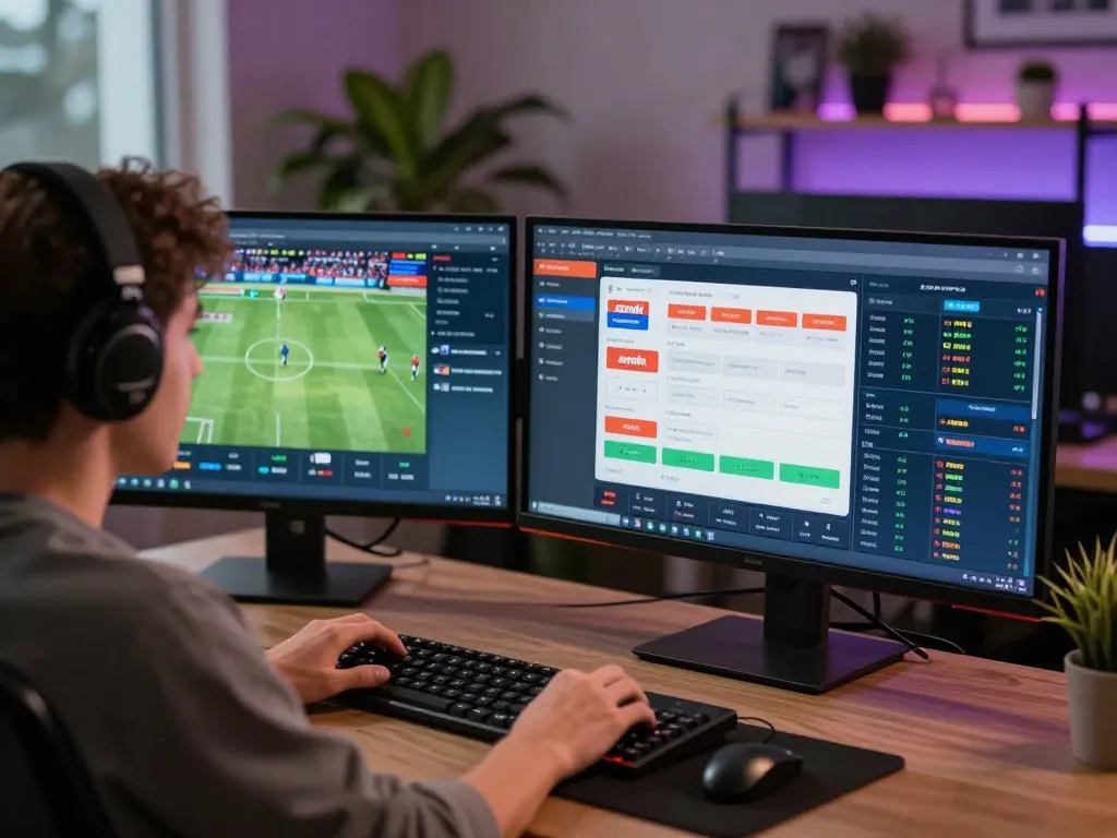 Engaging scene of sunwin online sports betting setup with multiple screens showing live events and stats.