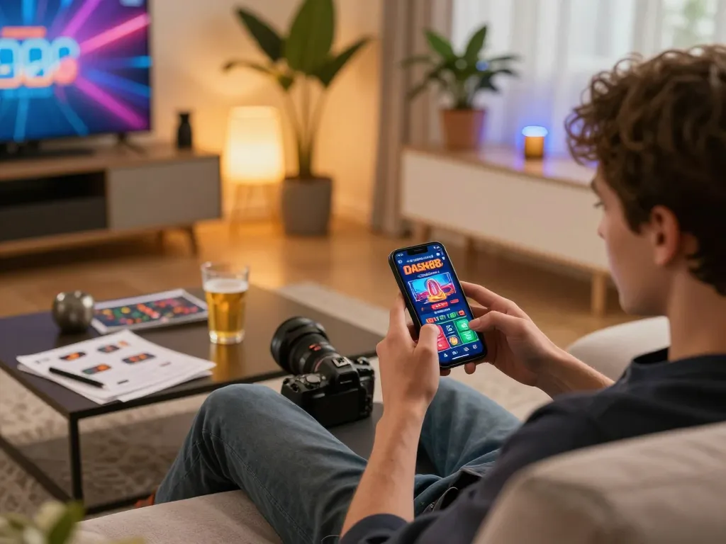 Engaged player exploring dash88 casino app on smartphone during a cozy home gaming session, showcasing responsible gambling.
