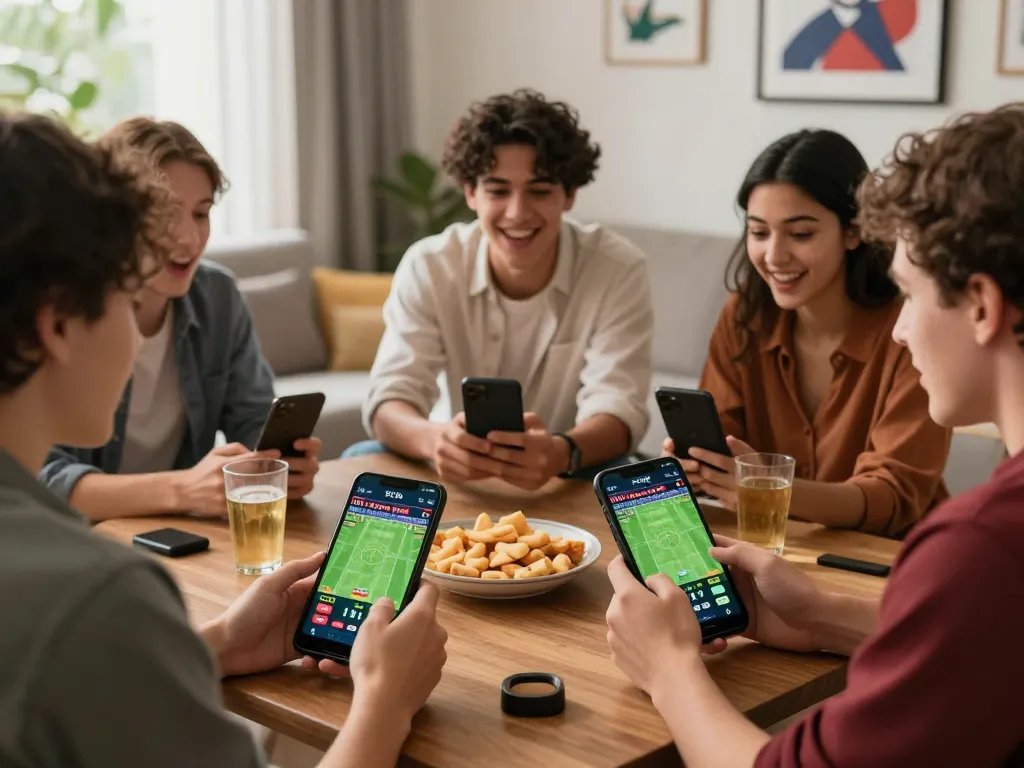 Friends engaging in online betting on https://sc88e.com/ during a live sports event in a lively living room.