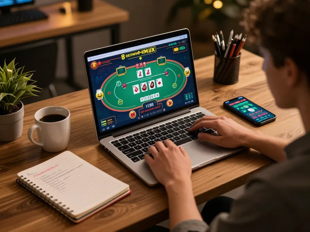 Engaging in strategic iwin online poker game with a cozy home setup.
