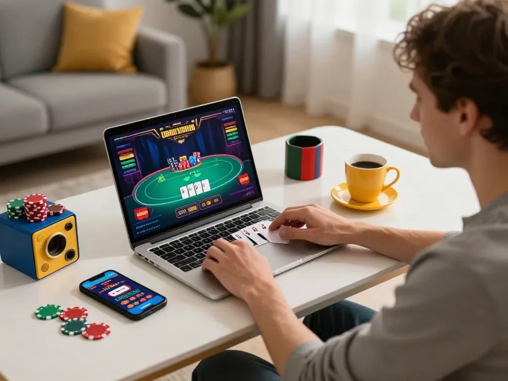 Engaging in poker gameplay at home using a laptop from https://99win.actor/ while enjoying a strategic gambling session.