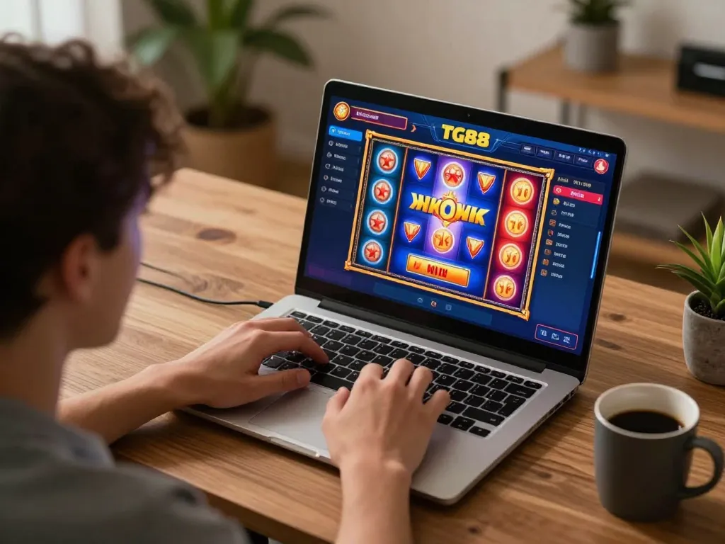 Player enjoying TG88 online casino games with vibrant slot reels spinning in modern home setup.