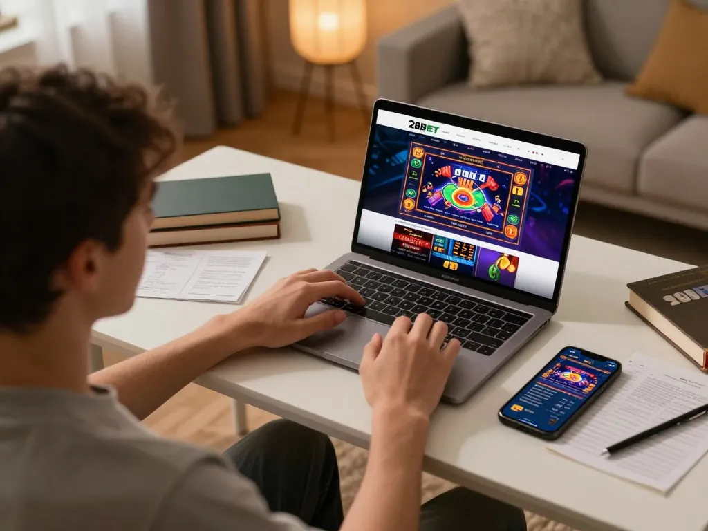 Player engaging with the link 28BET on a laptop, showcasing vibrant casino games and responsible gaming interface in a cozy home setup.