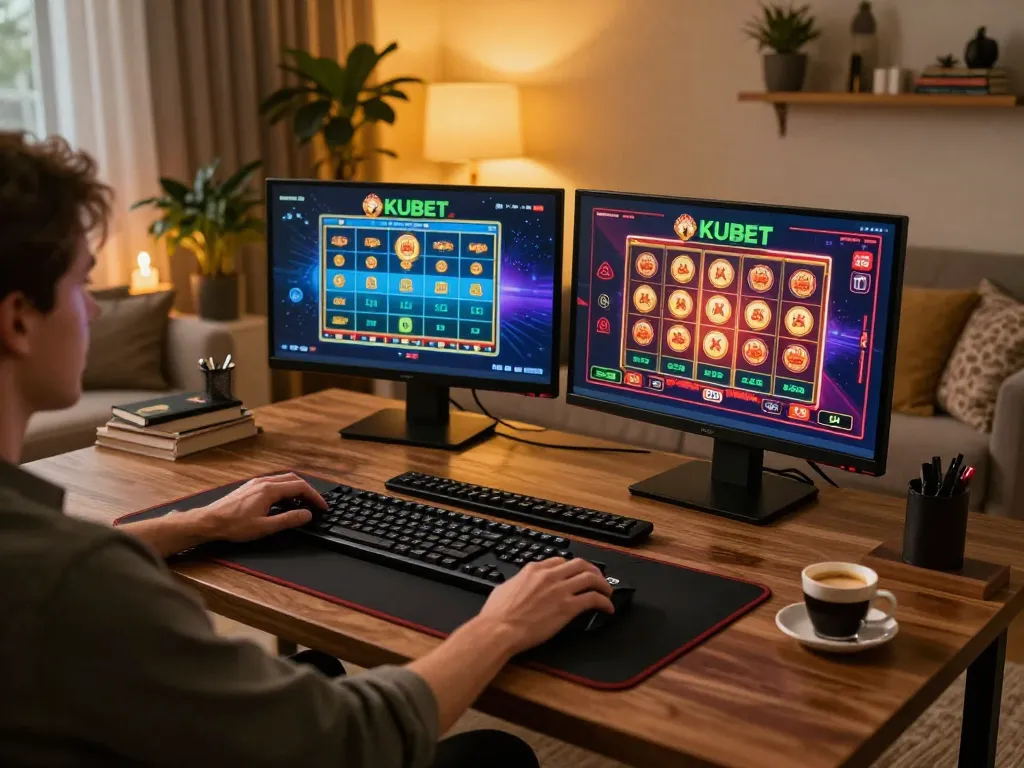 KUBET player enjoying an engaging online casino experience in a cozy home setup.