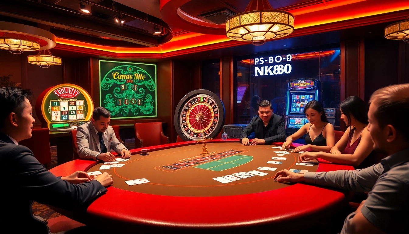 Engage in thrilling gameplay at NK88's luxurious casino table featuring poker and roulette.