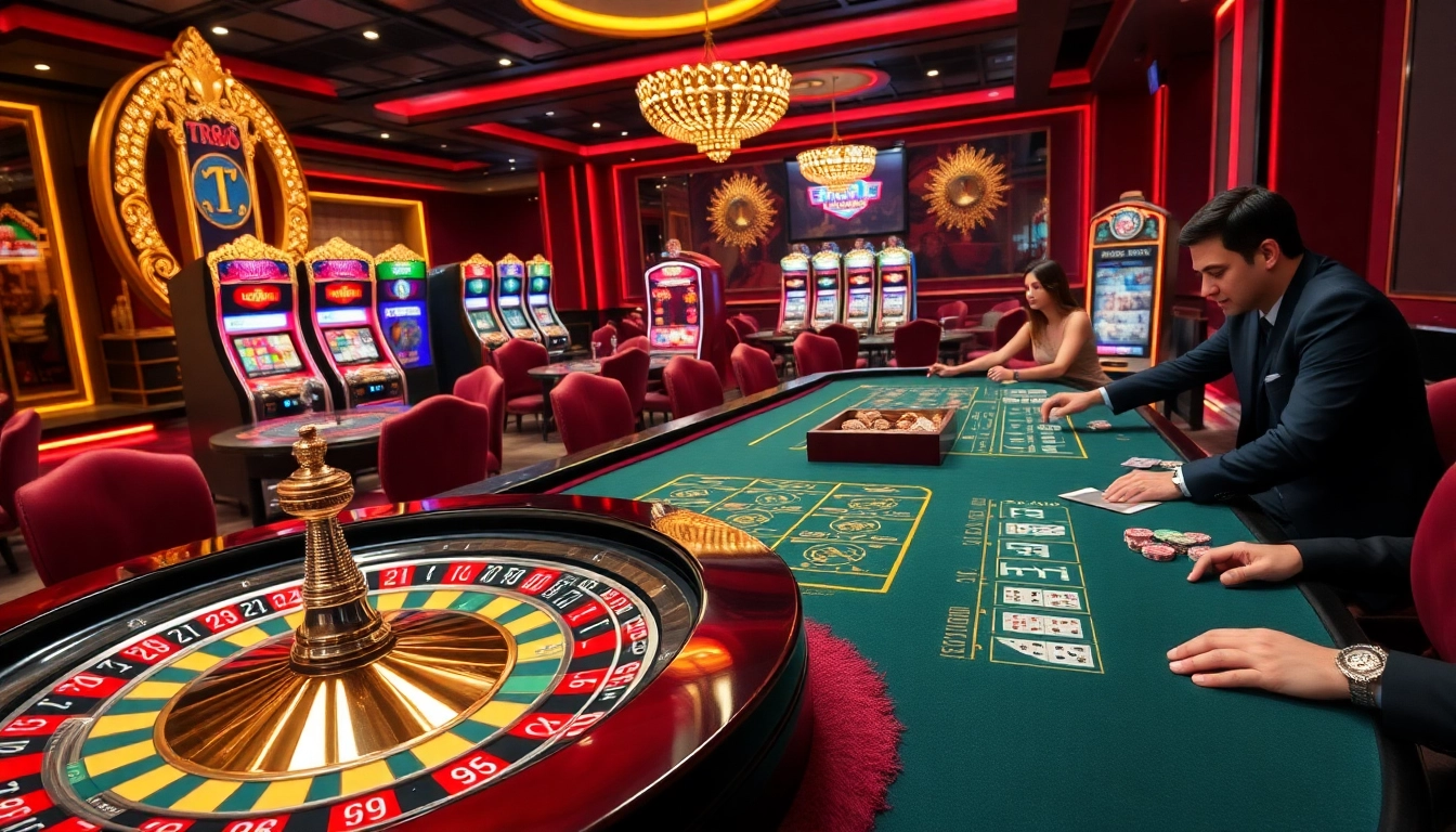 Players engaging at a TR88-themed casino table with vibrant roulette wheels and luxurious decor.