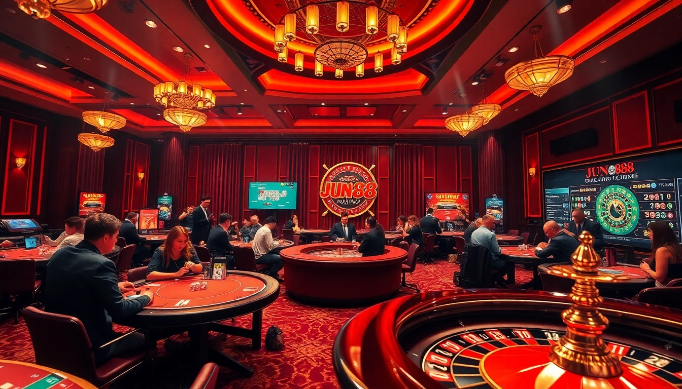 Winning bets at Jun88's luxurious casino tables filled with excited gamblers.