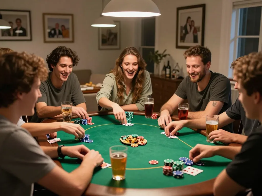 Friends enjoying an engaging poker night at home, bringing fun and excitement to O8 HAIR gaming session.