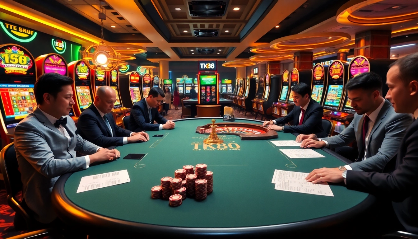 Exciting gaming atmosphere at TK88 casino with poker chips, roulette wheel, and glowing slot machines.