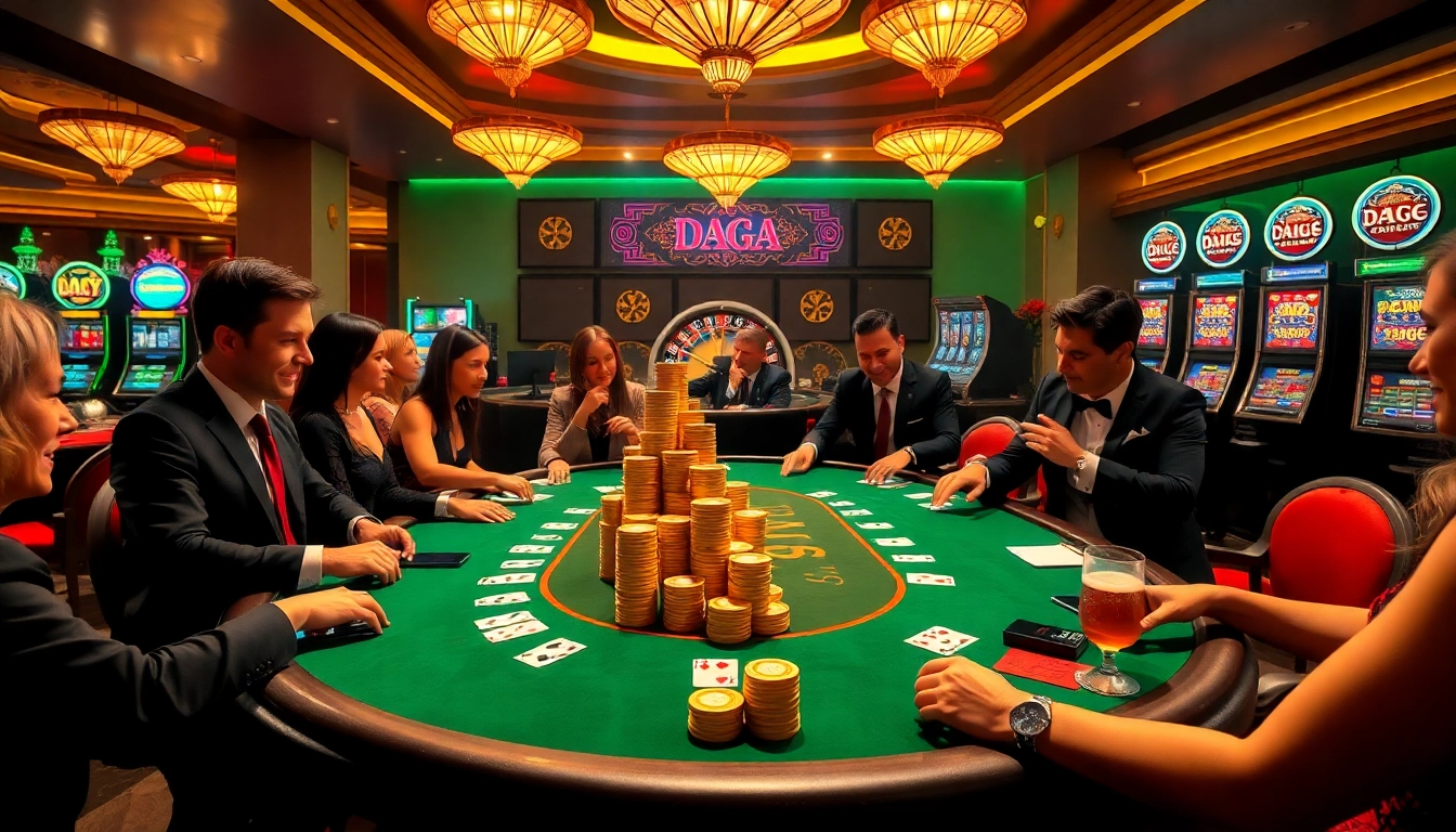 Daga poker players excitedly strategizing around a luxurious casino table.