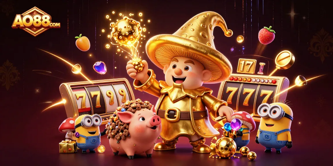 Spin the reels of excitement at AO88COM with this dynamic casino illustration showcasing golden treasures.