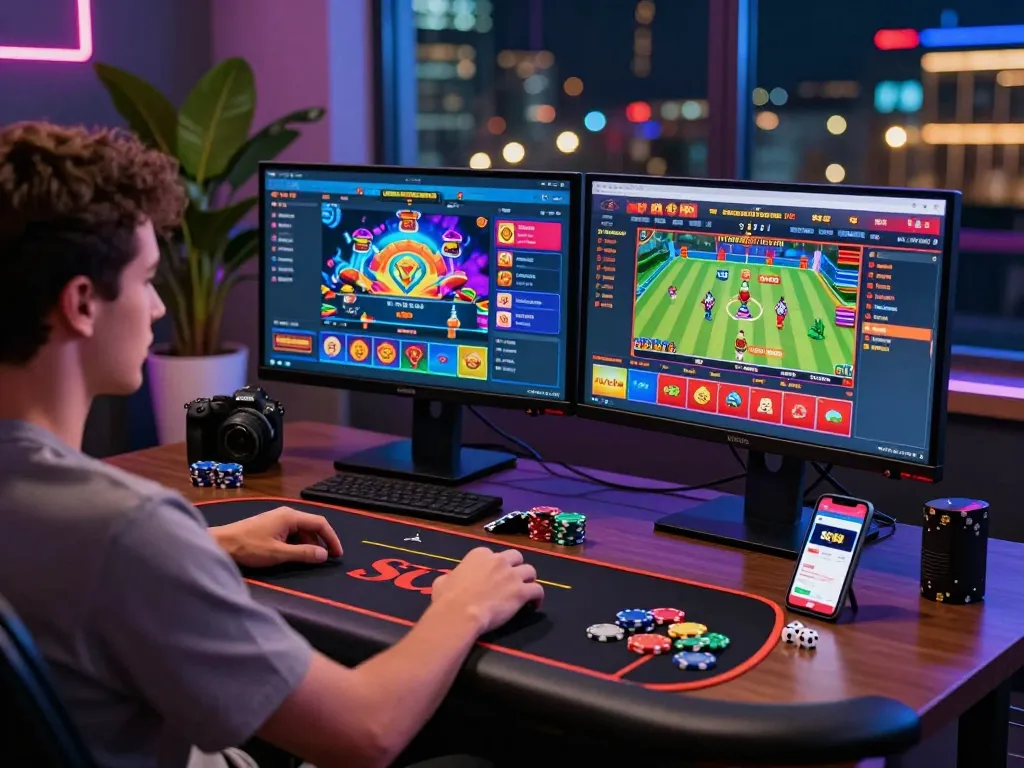 Player enjoying a thrilling online betting experience with SC88 on multiple screens, showcasing vibrant casino games and sports.