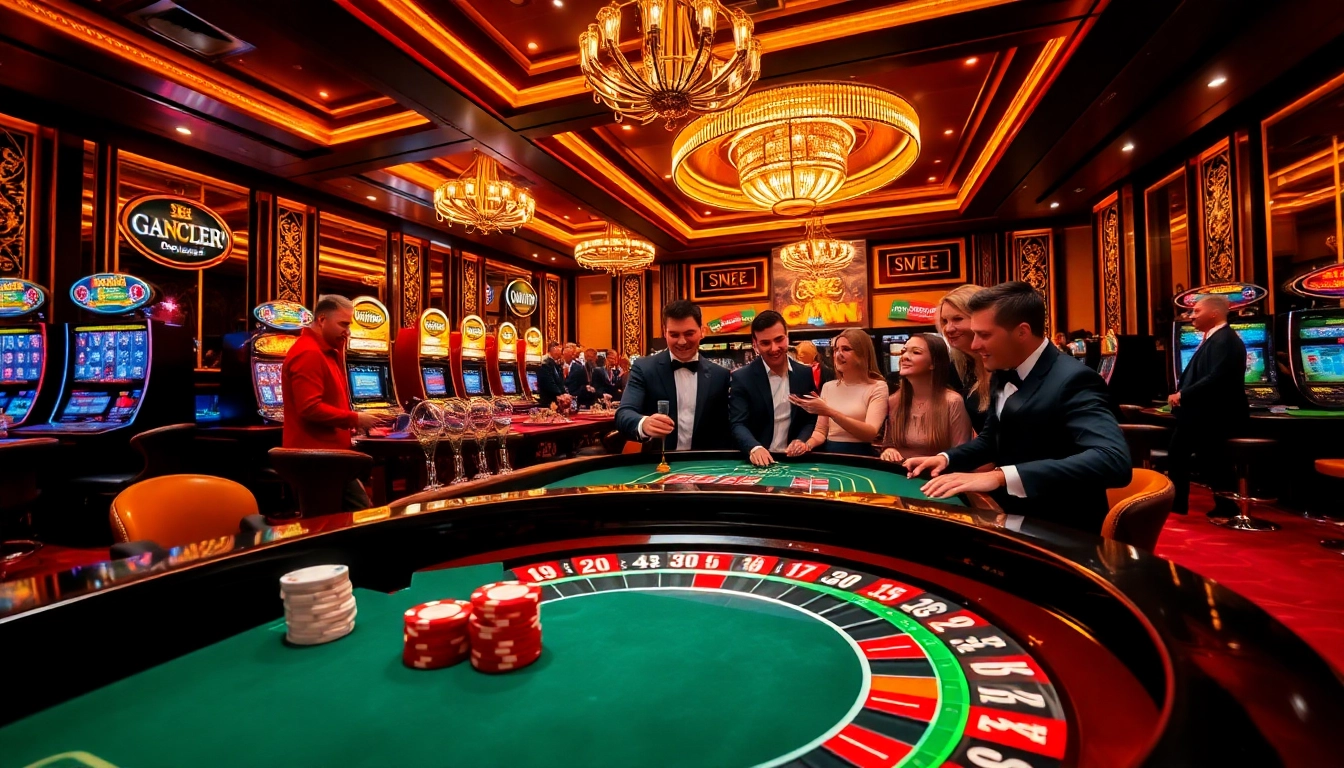 Experience the thrill of gambling at https://okwin68.net/ with players at a roulette table amidst glowing casino lights.