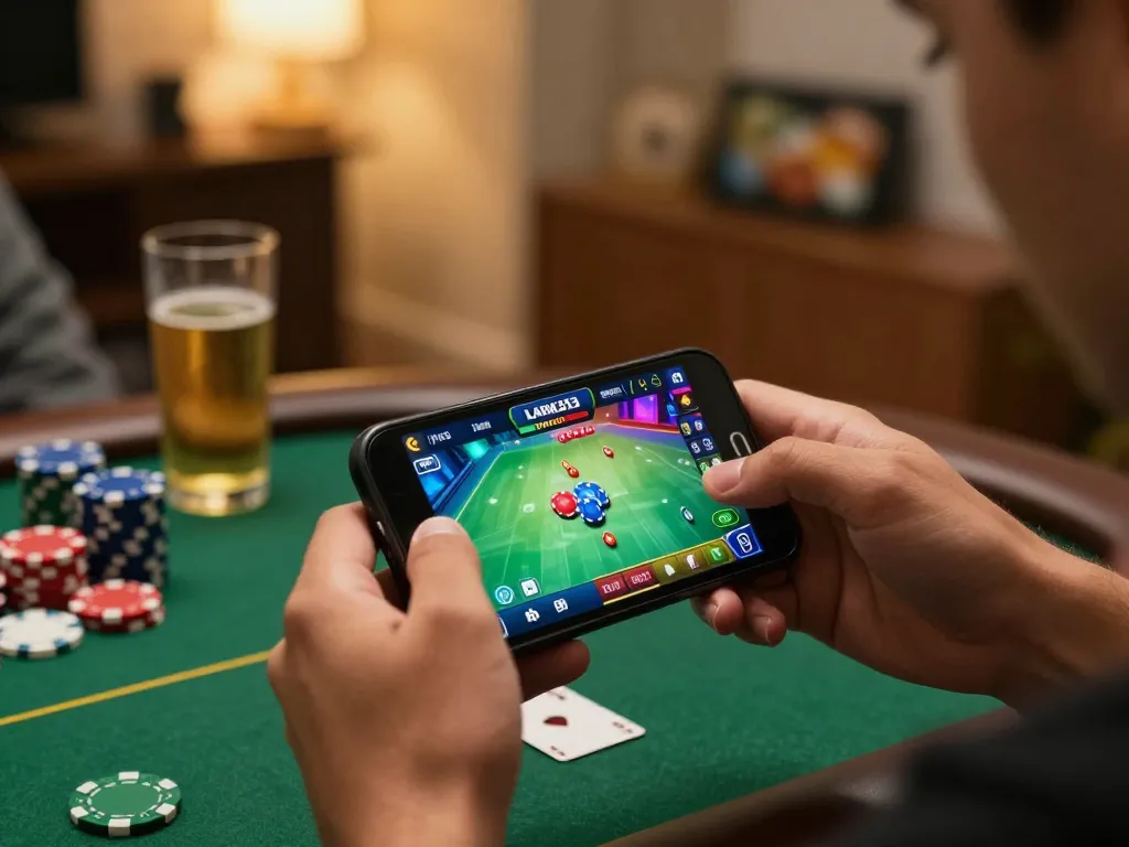 LAPAK303 player strategizing a poker game on smartphone in a cozy home setting