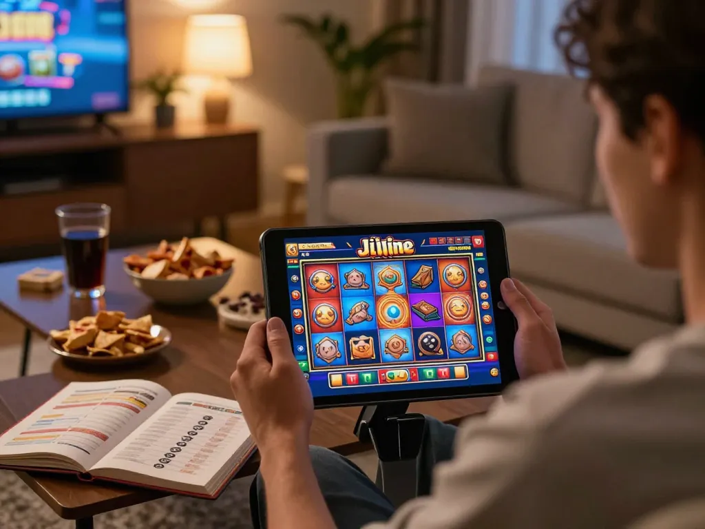 Player engaged with Jili games on a tablet in cozy home setting, showcasing vibrant slots and strategic notes.