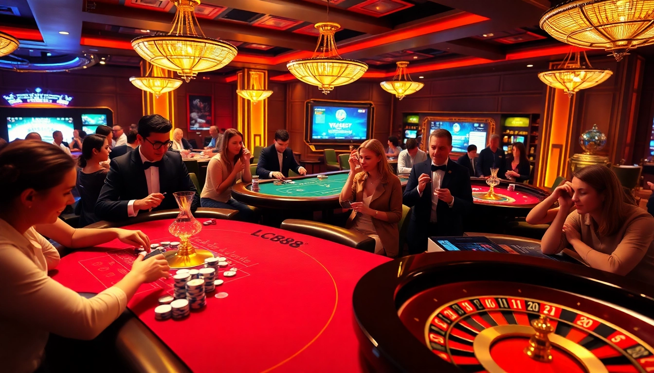 Players enjoying an exciting game at LC88 casino tables with rich surroundings.