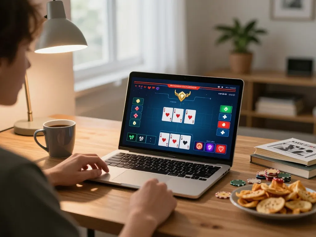 Engaging online poker gameplay on va88 platform in a cozy home setting, highlighting responsible gambling practices.
