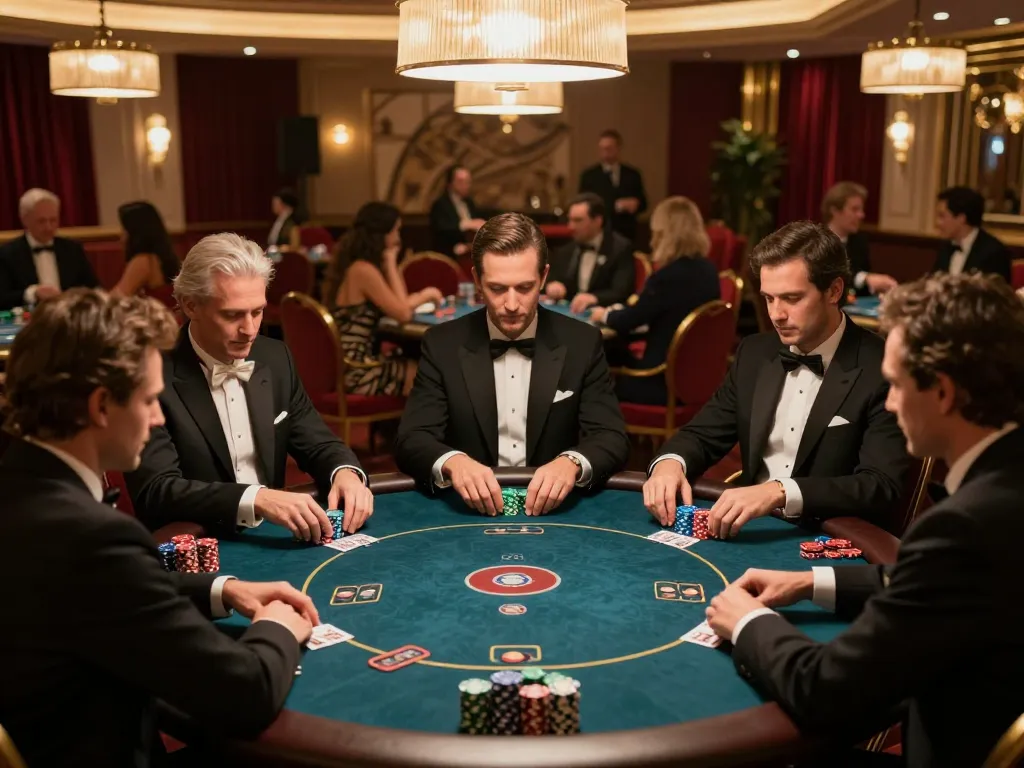 Engaging high-stakes poker game at mu88 with players in elegant attire