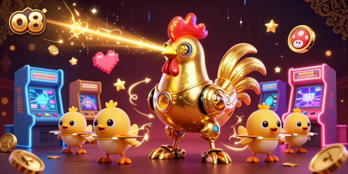 Experience exciting gaming with o8's vibrant retro-futuristic characters and casino elements in this illustration.